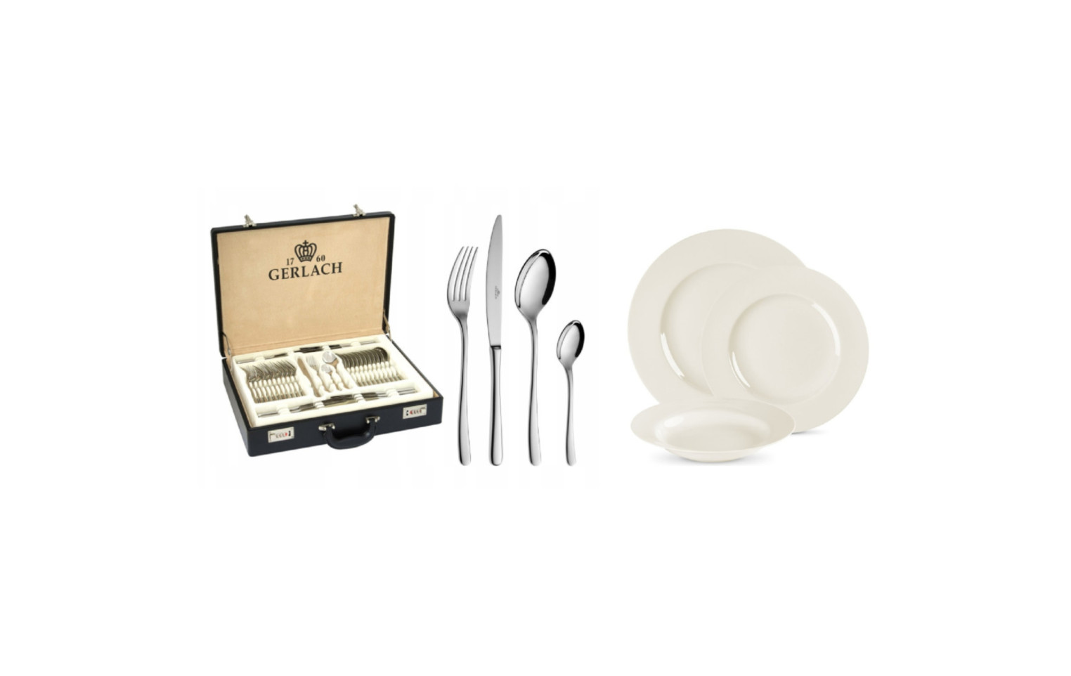 Geschirrset 36 Teile MUZA + Besteckset 68 Teile MUZA Poliert + Holzkiste für 12 Personen