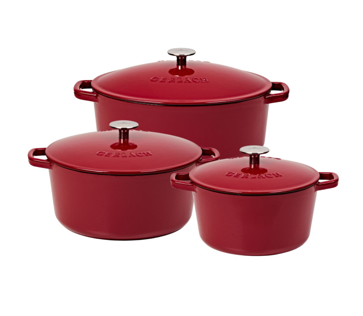 NATUR IRON Set bordeaux 3-teilig: Gusseiserne Backform 5,5l + Gusseiserner Topf 3l + Gusseiserner Topf 5l