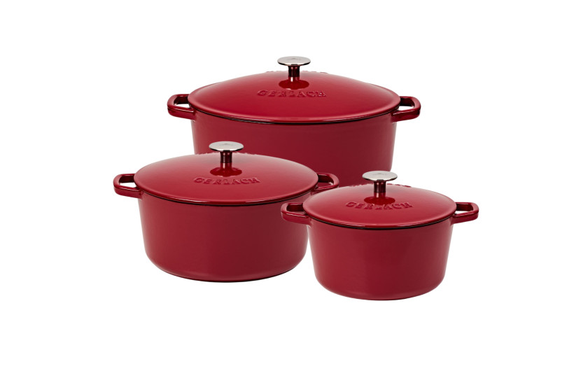 NATUR IRON Set bordeaux 3-teilig: Gusseiserne Backform 5,5l + Gusseiserner Topf 3l + Gusseiserner Topf 5l