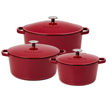 Topfset 3 Teile: Gusseiserner Topf 3l + Gusseiserner Topf 5l + Gusseisen-Bräter 5,5l NATUR IRON Bordeauxrot