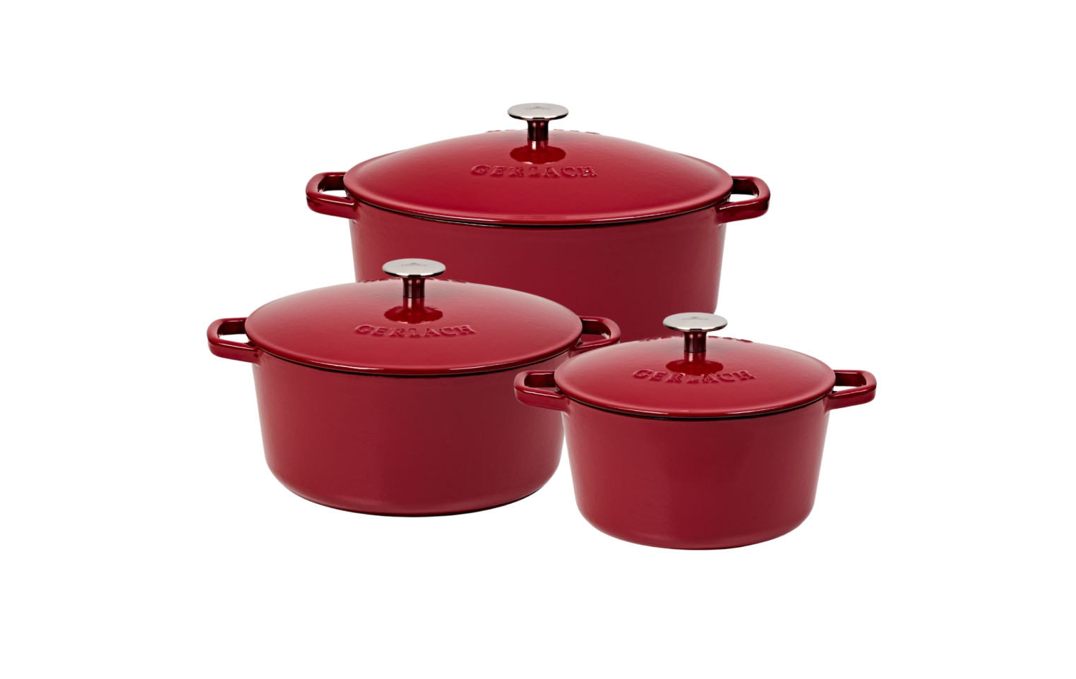 Topfset 3 Teile: Gusseiserner Topf 3l + Gusseiserner Topf 5l + Gusseisen-Bräter 5,5l NATUR IRON Bordeauxrot
