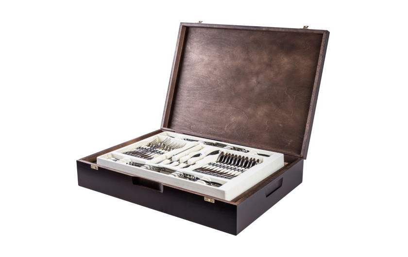 Besteckset in einer Holzkiste 68-teilig glänzend RETRO Besteckset in einer Holzkiste 68-teilig glänzend RETRO