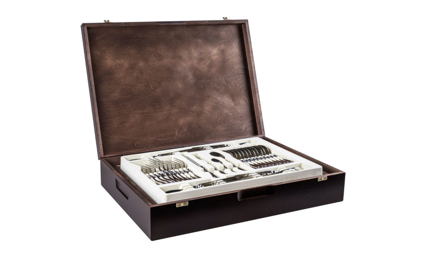 Besteckset in einer Holzkiste 68-teilig glänzend RETRO Besteckset in einer Holzkiste 68-teilig glänzend RETRO